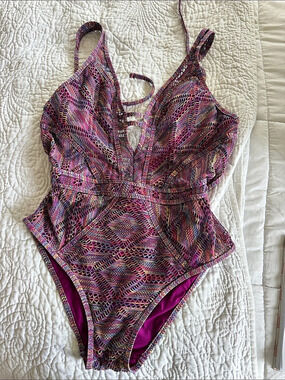 BECCA Geometric One-Piece Swimsuit in Pink & Purple Like New